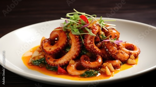 Sauteed cephalopod dish showcasing vibrant Taiwanese culinary flavors garnished with fresh herbs and vegetables for an appetizing presentation