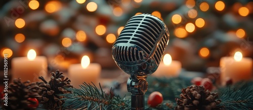 Vintage microphone centerpiece surrounded by festive decor and soft candlelight with a backdrop of blurred holiday lights photo