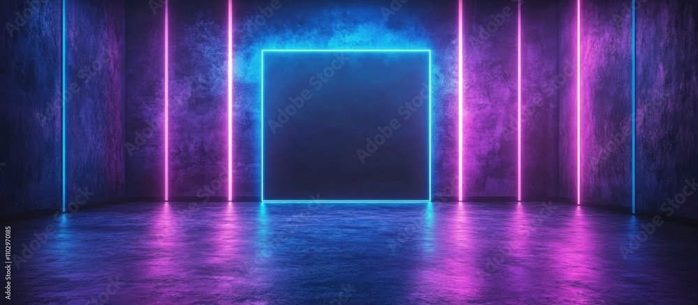 Contemporary living room backdrop with illuminated neon accents and a blank screen showcasing modern interior design and technology themes Contemporary living room backdrop with illuminated neon accents and a blank screen showcasing modern interior design and technology themes