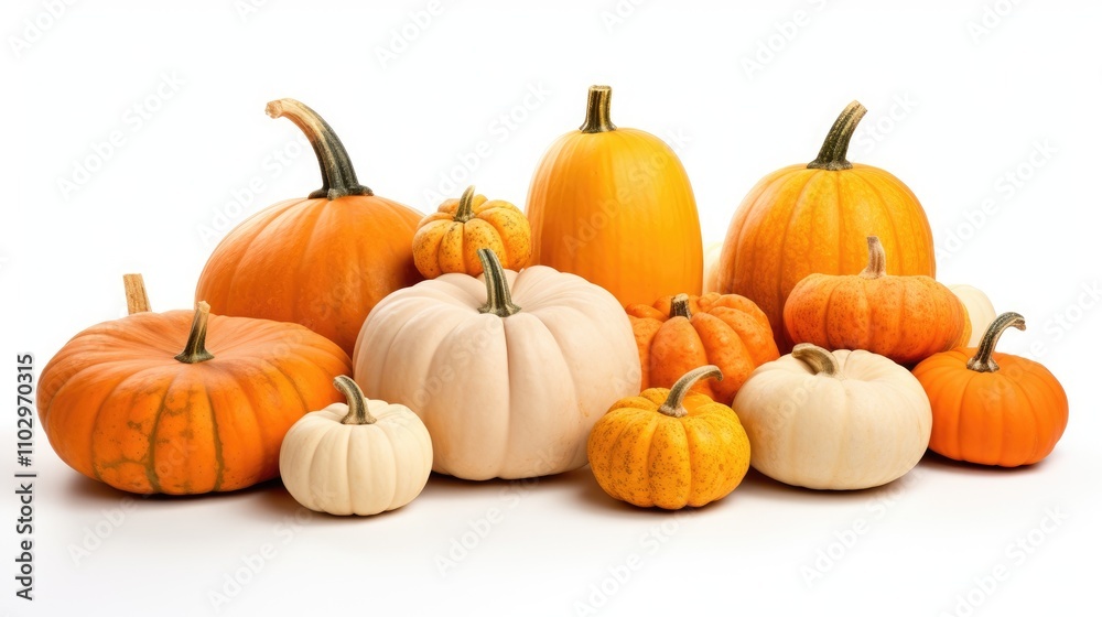 Various ripe pumpkins in different shapes and colors arranged on a white background for autumn harvest themes and seasonal decor Various ripe pumpkins in different shapes and colors arranged on a white background for autumn harvest themes and seasonal decor