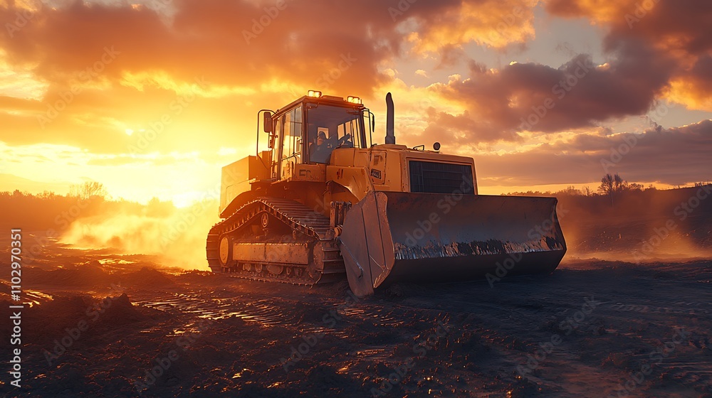 Bulldozer in action at a construction site, pushing a massive heap of dirt, dust clouds illuminated by the sun, tire tracks visible in the background, vibrant lighting, realistic and detailed finish, Bulldozer in action at a construction site, pushing a massive heap of dirt, dust clouds illuminated by the sun, tire tracks visible in the background, vibrant lighting, realistic and detailed finish,