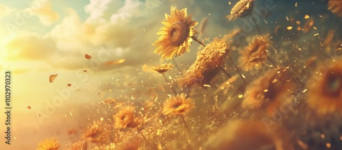 Sunlight illuminating a field of sunflowers swaying gently in the breeze with a dramatic sky in the background capturing nature's beauty. photo