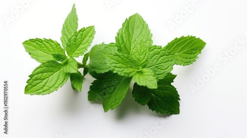 Fresh mint leaves displayed on a clean white background highlighting their vibrant green color and detailed leaf texture.