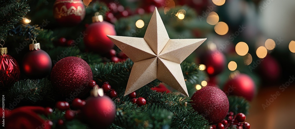 Paper star decoration on a festive Christmas tree surrounded by red ornaments and warm glowing lights. Paper star decoration on a festive Christmas tree surrounded by red ornaments and warm glowing lights.