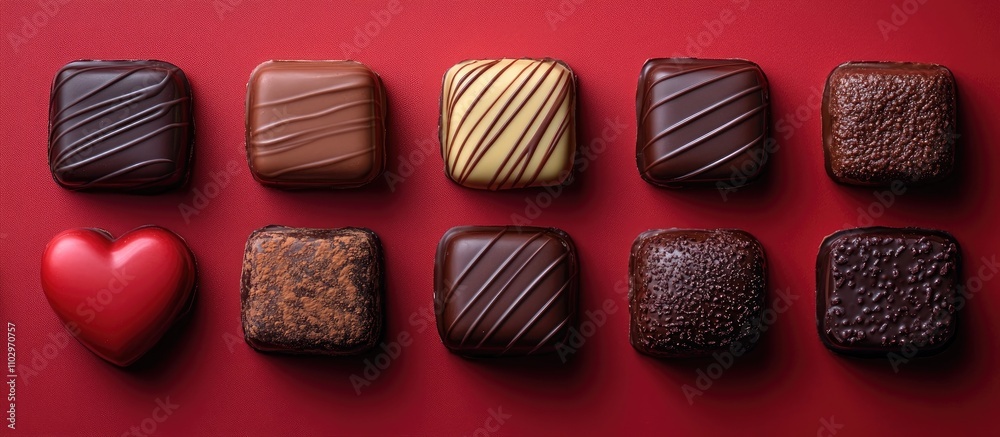 Valentine chocolate assortment arranged on a vivid red background perfect for romantic celebrations and special occasions Valentine chocolate assortment arranged on a vivid red background perfect for romantic celebrations and special occasions
