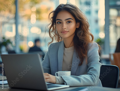 sony α7iii style, young woman at work, office scene, relaxed feel, image near real and far away, close up, coffee cup, center office figure, far away floor to ceiling window city building,ins style,