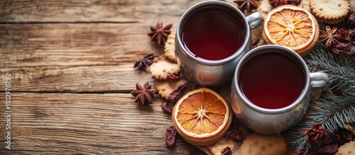 Mulled wine in metal mugs with cookies and dried oranges on rustic wooden background overhead view for holiday-themed imagery