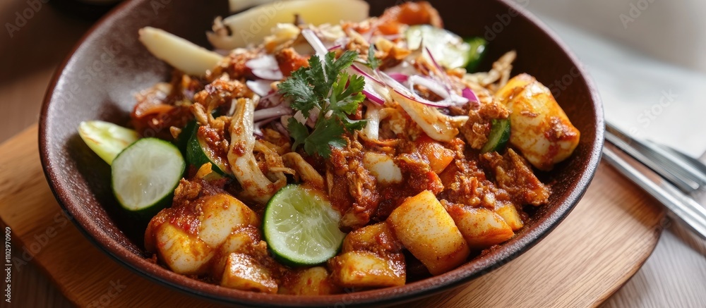 Delicious Malaysian rojak salad with fresh fruits and vegetables served in a bowl garnished with herbs and lime wedges Delicious Malaysian rojak salad with fresh fruits and vegetables served in a bowl garnished with herbs and lime wedges