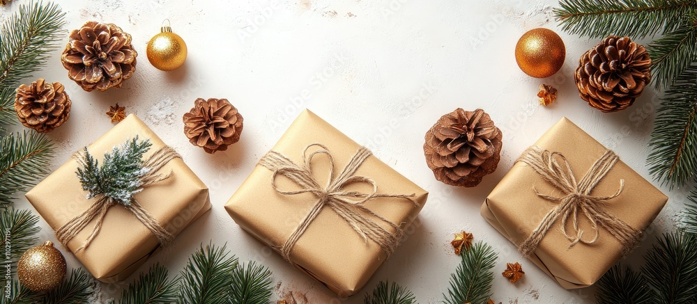 Fototapeta premium Gift wrapping materials and decorative accessories arranged with pine cones and ornaments on a festive backdrop of white and greenery.