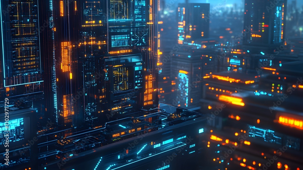 Fototapeta premium Futuristic cityscape with glowing neon lights and high-tech architecture.