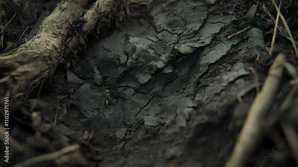Close-up of dark, cracked earth with exposed tree roots.  Dry, arid texture.  Natural, rough surface.  Shows signs of drought or decay.