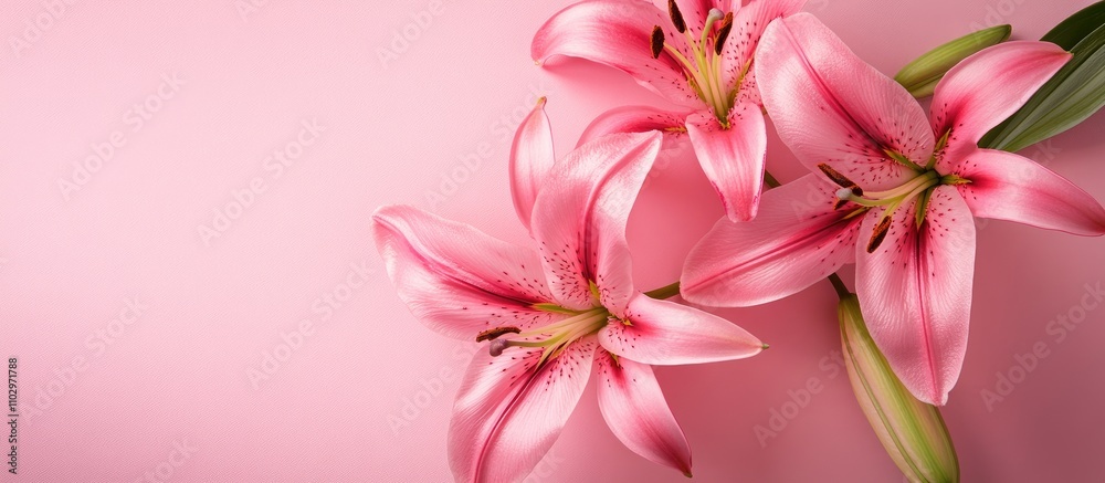 Pink lilies on soft pink background perfect for spring flowers card design with room for additional text or messages. Pink lilies on soft pink background perfect for spring flowers card design with room for additional text or messages.