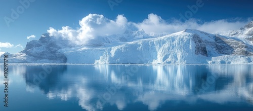 Scenic glacier lake with glacial tongue reflecting in calm waters under a clear blue sky and majestic mountain backdrop photo