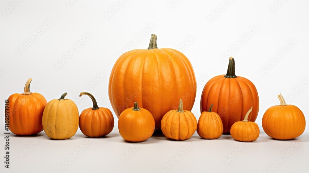 Variety of pumpkins in different sizes arranged on a white background for autumn and Halloween seasonal decorations Variety of pumpkins in different sizes arranged on a white background for autumn and Halloween seasonal decorations