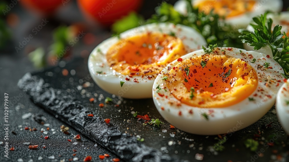 Sliced Hard Boiled Eggs with Spices and Herbs on Slate Board Food Preparation Concept Sliced Hard Boiled Eggs with Spices and Herbs on Slate Board Food Preparation Concept
