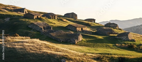 Ancient burial sites nestled in rolling hills surrounded by natural beauty at sunset photo