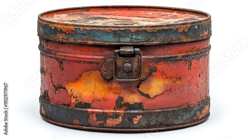 Rustic vintage oil can with vibrant patina and peeling paint isolated on a white background highlighting its nostalgic appeal.