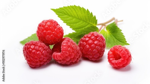 Fresh and vibrant raspberries with green leaves isolated on a white background showcasing delicious natural fruit appeal photo