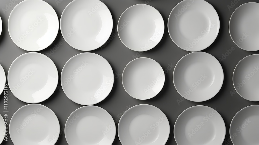 Aerial view of neatly arranged white ceramic plates on a dark surface emphasizing minimalism and elegance in tableware design. Aerial view of neatly arranged white ceramic plates on a dark surface emphasizing minimalism and elegance in tableware design.