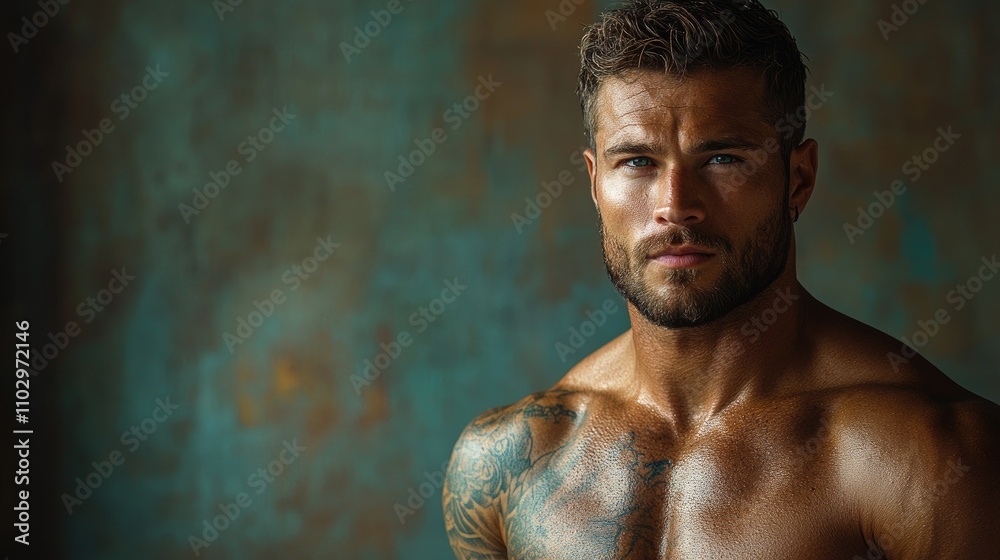 Muscular male model with tattoos posing in a studio against a textured shadowed backdrop highlighting strength and confidence