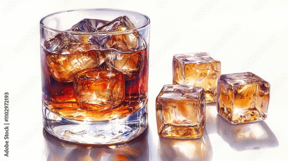 Whiskey on the rocks with ice cubes in a glass showcasing rich amber tones and a classic presentation Whiskey on the rocks with ice cubes in a glass showcasing rich amber tones and a classic presentation