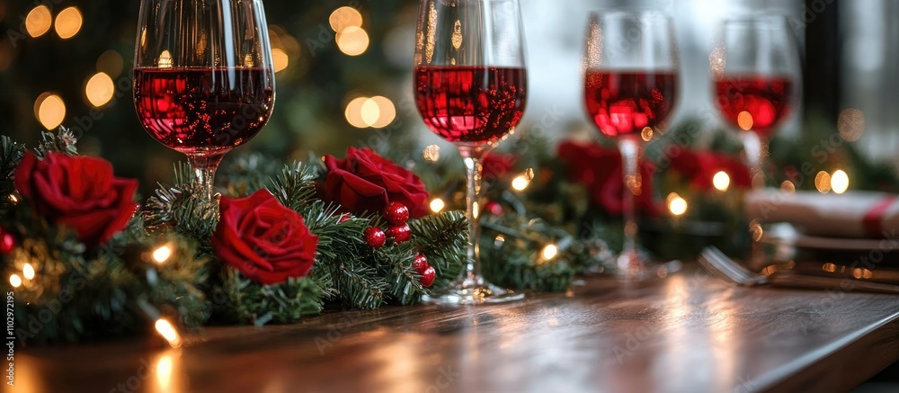 Romantic dining table setup with red wine glasses and festive decorations for a cozy holiday celebration in a soft bokeh background Romantic dining table setup with red wine glasses and festive decorations for a cozy holiday celebration in a soft bokeh background
