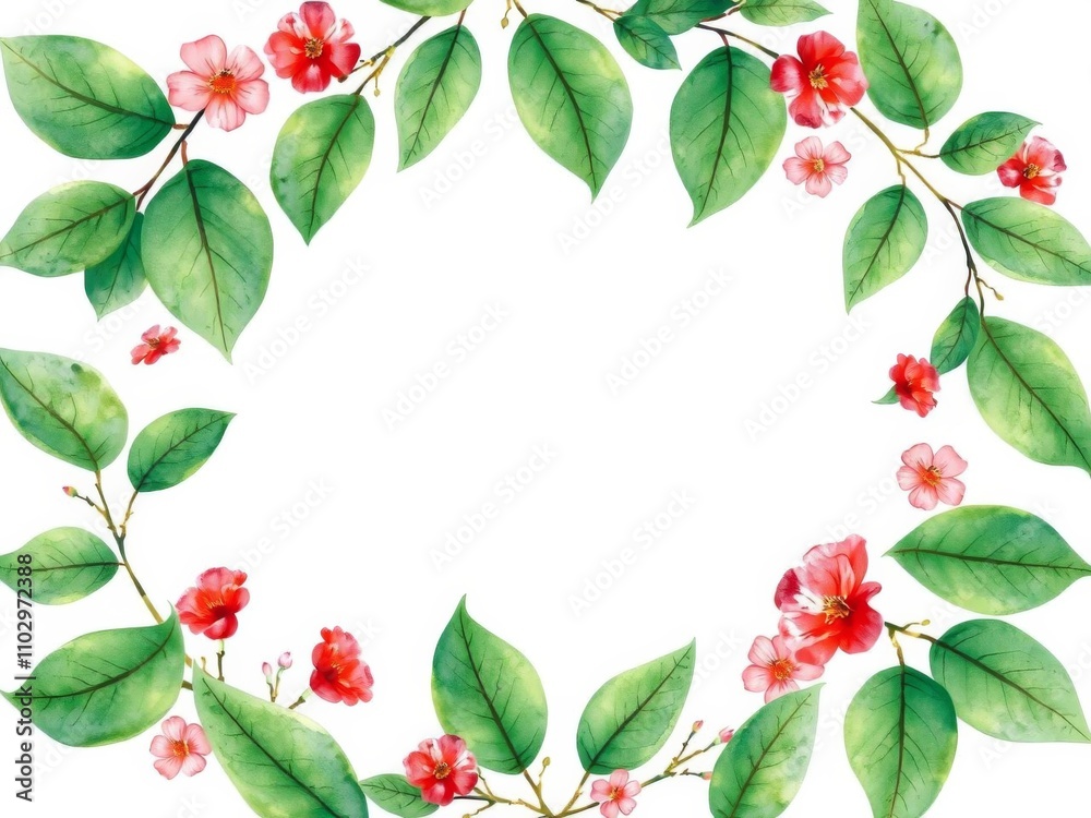Floral round pattern of beautiful red flowers and green leaves watercolor painting on white background, frame, green Floral round pattern of beautiful red flowers and green leaves watercolor painting on white background, frame, green