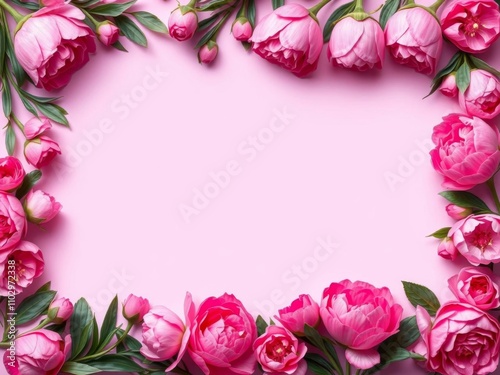 Fototapeta Naklejka Na Ścianę i Meble -  Floral frame with vibrant peonies surrounding blank center for text, frame, design