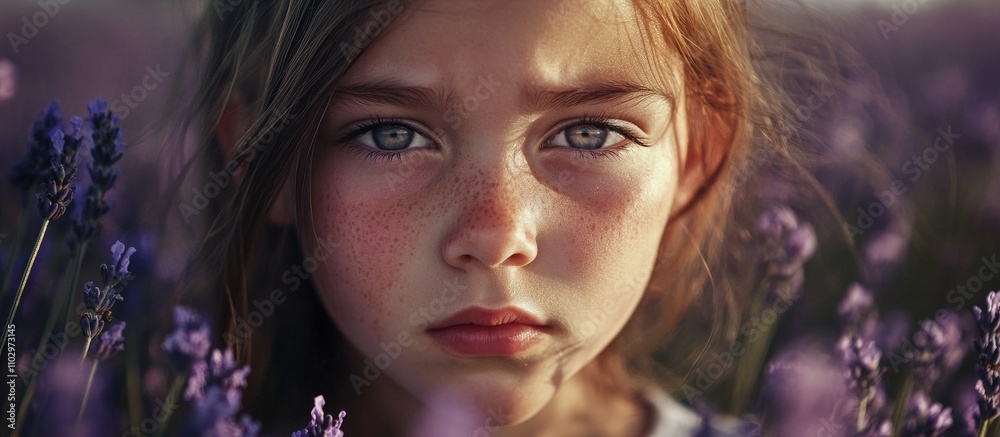 Obraz premium Young girl expressing emotions in a vibrant lavender field with striking eyes and natural beauty.