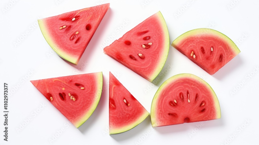 Slices of fresh watermelon arranged on a white background showcasing vibrant red flesh and green rind perfect for summer themes. Slices of fresh watermelon arranged on a white background showcasing vibrant red flesh and green rind perfect for summer themes.