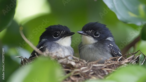 Malaysian Pied Fantails Nesting Together in Lush Greenery Showcasing Nature's Beauty and Parental Care