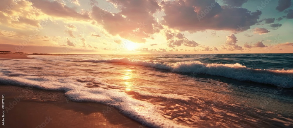 Serene Seascape at Sunset with Gentle Waves Lapping Against the Shore and Colorful Clouds Illuminated by the Setting Sun Serene Seascape at Sunset with Gentle Waves Lapping Against the Shore and Colorful Clouds Illuminated by the Setting Sun