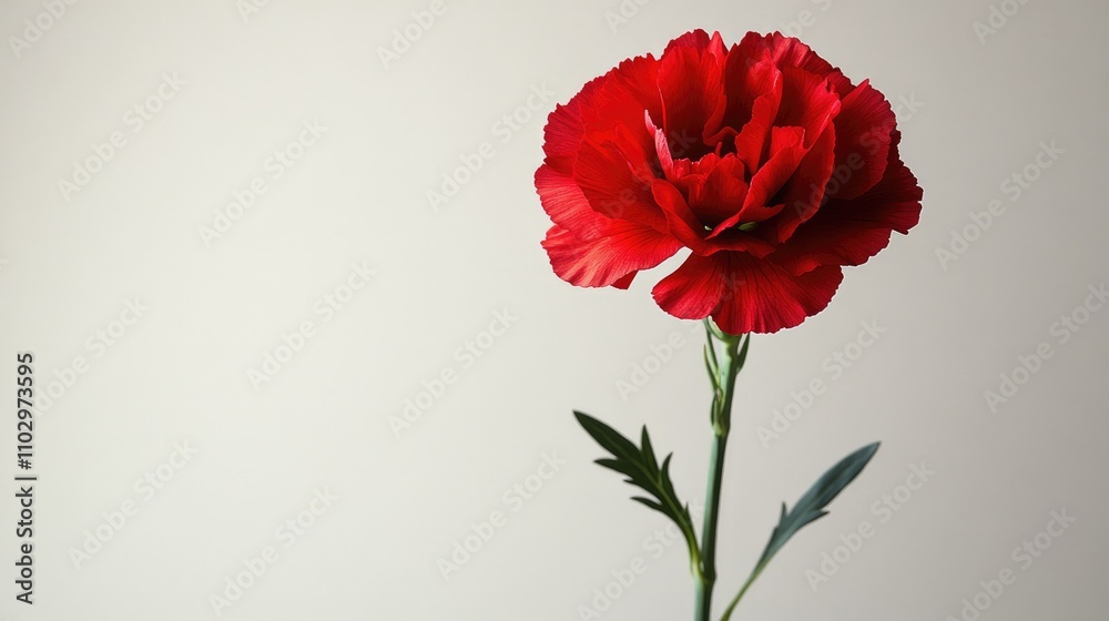 Vibrant red carnation flower displayed elegantly against a soft white background showcasing natural beauty and simplicity Vibrant red carnation flower displayed elegantly against a soft white background showcasing natural beauty and simplicity