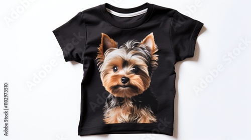 Yorkshire Terrier graphic t-shirt on white background showcasing detailed pet portrait design for fashion and dog lover promotions photo