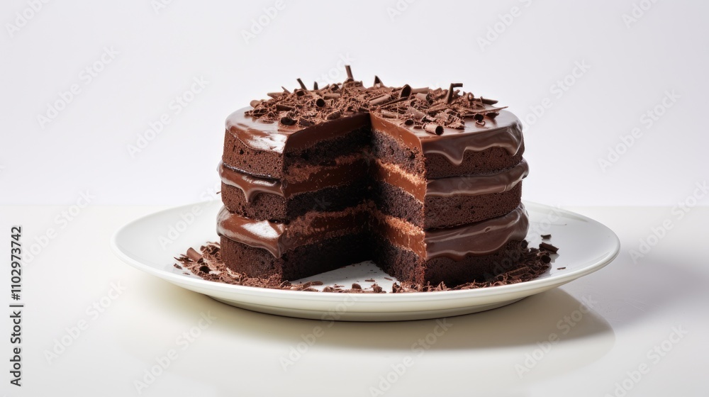 Decadent chocolate cake with layers and rich frosting showcased on a sleek white background perfect for dessert-themed visuals Decadent chocolate cake with layers and rich frosting showcased on a sleek white background perfect for dessert-themed visuals