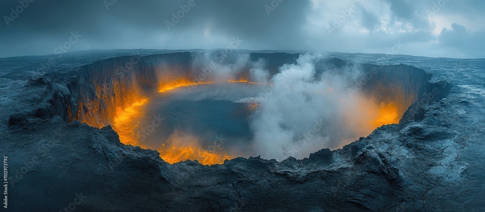 Fototapeta premium Lava crater landscape with sulfur vapor and glowing lava under dramatic cloudy sky in a natural volcanic setting