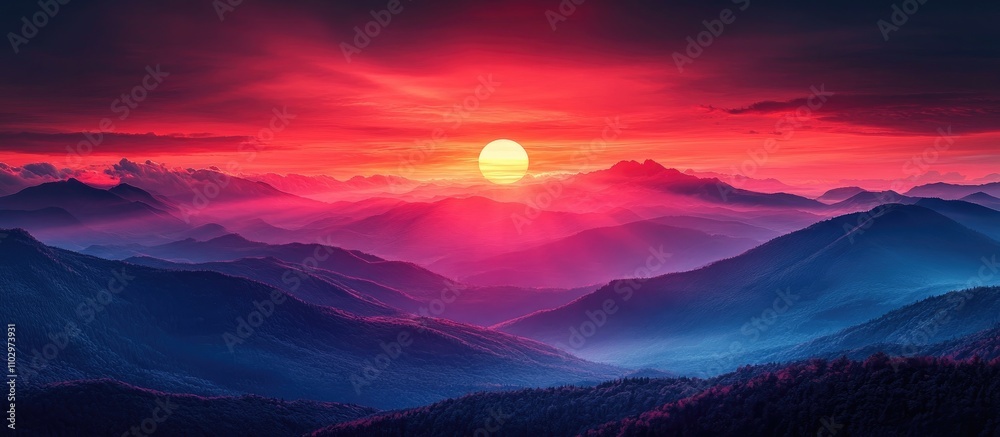 vibrant sunset landscape with striking red hues illuminating serene mountains in twilight atmosphere vibrant sunset landscape with striking red hues illuminating serene mountains in twilight atmosphere