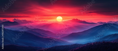 vibrant sunset landscape with striking red hues illuminating serene mountains in twilight atmosphere