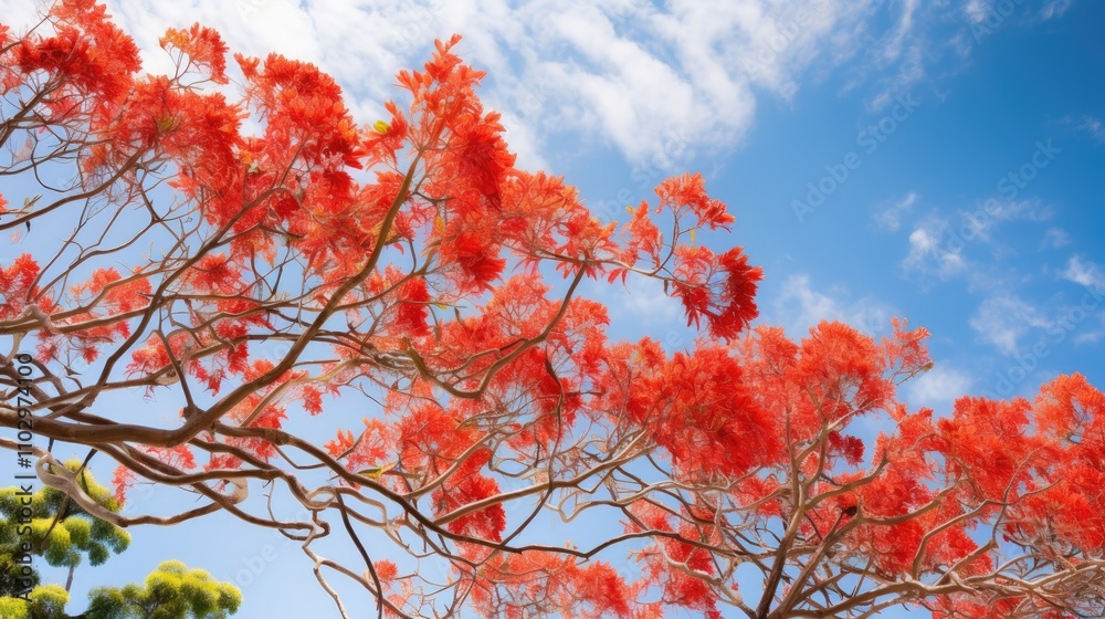 Vibrant red flowers of delonix regia tree branches against a bright blue sky creating a stunning natural landscape in sunlight. Vibrant red flowers of delonix regia tree branches against a bright blue sky creating a stunning natural landscape in sunlight.