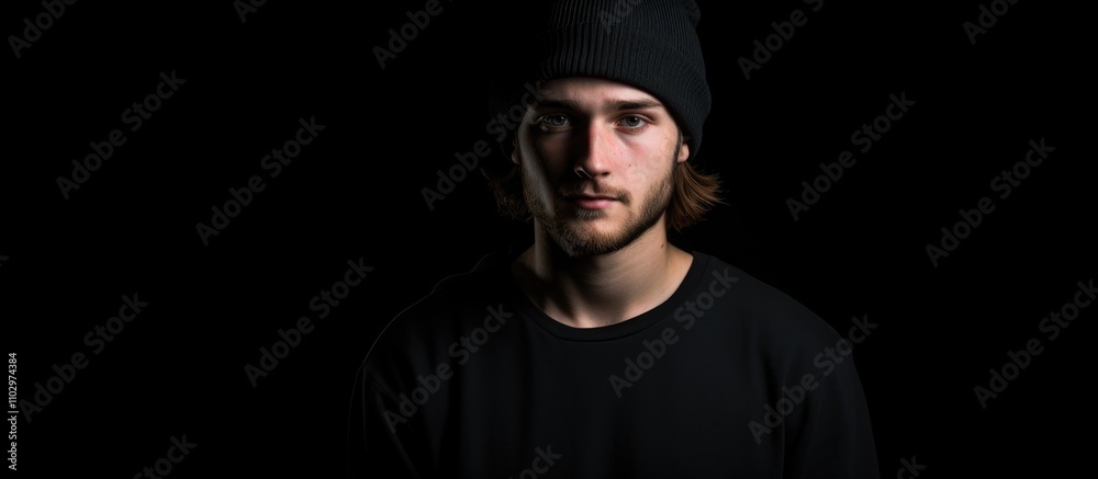 Young male in black beanie and dark clothing poses against a minimal black background for a striking portrait image. Young male in black beanie and dark clothing poses against a minimal black background for a striking portrait image.