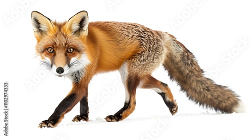 A funny fox trying to sneak up, getting caught on a white background