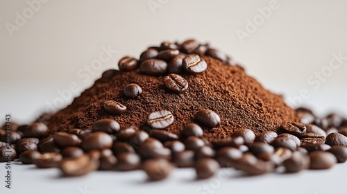 Roasted coffee beans and ground coffee artfully arranged on a neutral backdrop showcasing texture and natural colors of coffee. photo