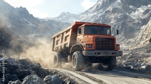 Dump truck on a quarry road, massive load of rocks visible, steep cliffs in the background, dust clouds forming as the truck moves, vibrant sunlight, photorealistic textures, dynamic composition,