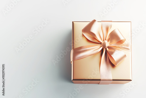 Angle cream color gift box with cloth satin bow ribbon luxurious on white background. Festive holiday Christmas, happy new year' s, birthday. Festival very special time. Copy space for text.