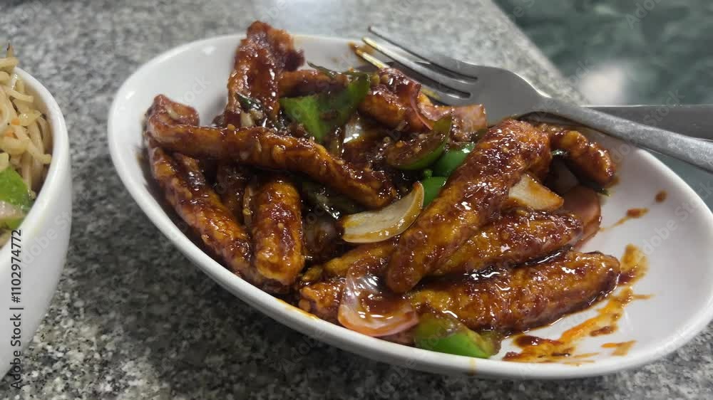 Cinematic shot of crispy chilli, baby corn fried with capsicum and onion Cinematic shot of crispy chilli, baby corn fried with capsicum and onion