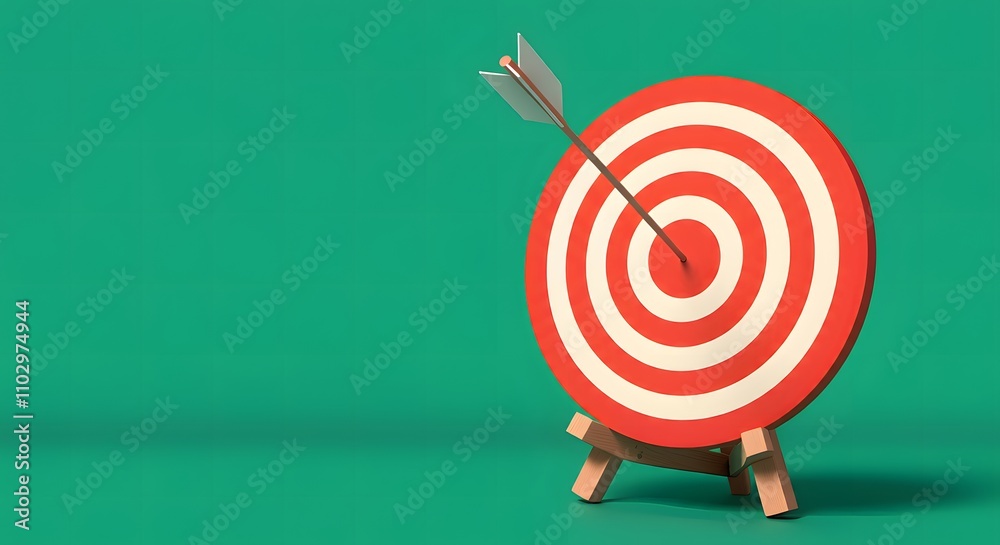 Creative illustration of red round shaped target with thin arrow representing concept of setting goals correctly on green background Creative illustration of red round shaped target with thin arrow representing concept of setting goals correctly on green background