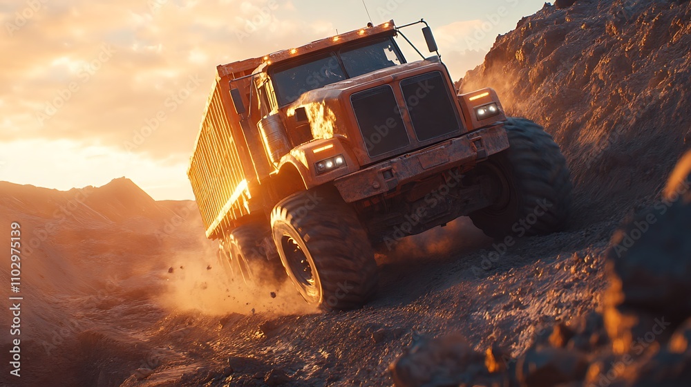 Dynamic shot of a monster truck hauler climbing a steep rocky slope, oversized cargo visible, dirt and rocks scattering, sun setting in the background casting a warm glow, photorealistic details, Dynamic shot of a monster truck hauler climbing a steep rocky slope, oversized cargo visible, dirt and rocks scattering, sun setting in the background casting a warm glow, photorealistic details,