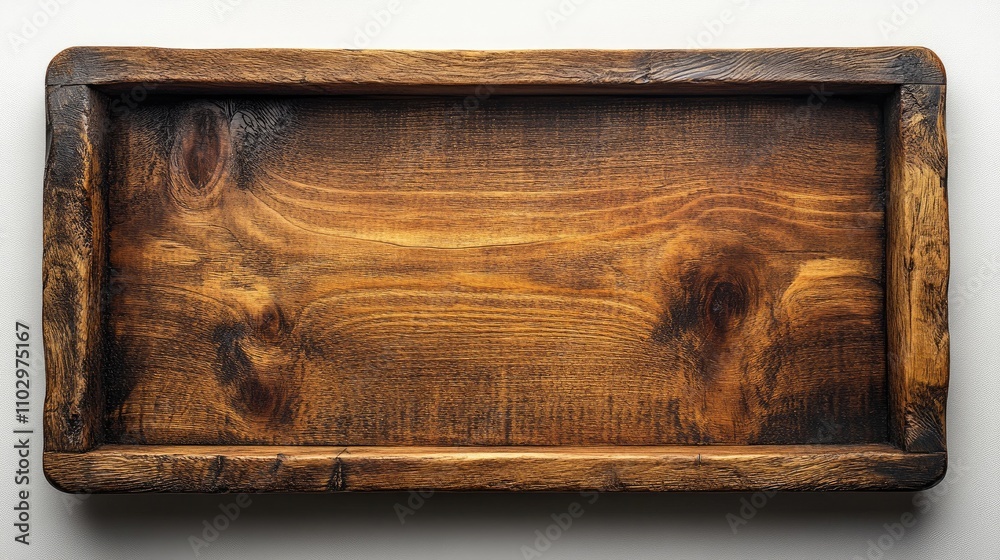Obraz premium Rustic wooden tray on white background showcasing natural grain and texture perfect for home decor and styling purposes.