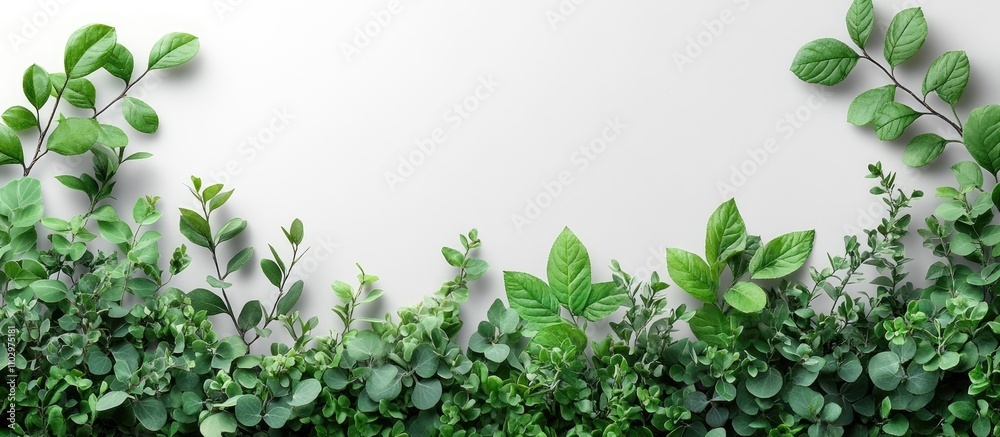 White frame adorned with lush green leaves and branches providing ample copy space for text and design elements White frame adorned with lush green leaves and branches providing ample copy space for text and design elements
