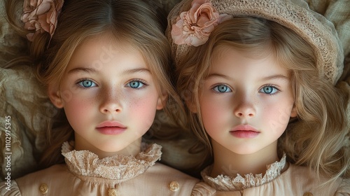 Twin sisters portrait showcasing vintage fashion and delicate beauty in children's photography with soft lighting and gentle expressions.